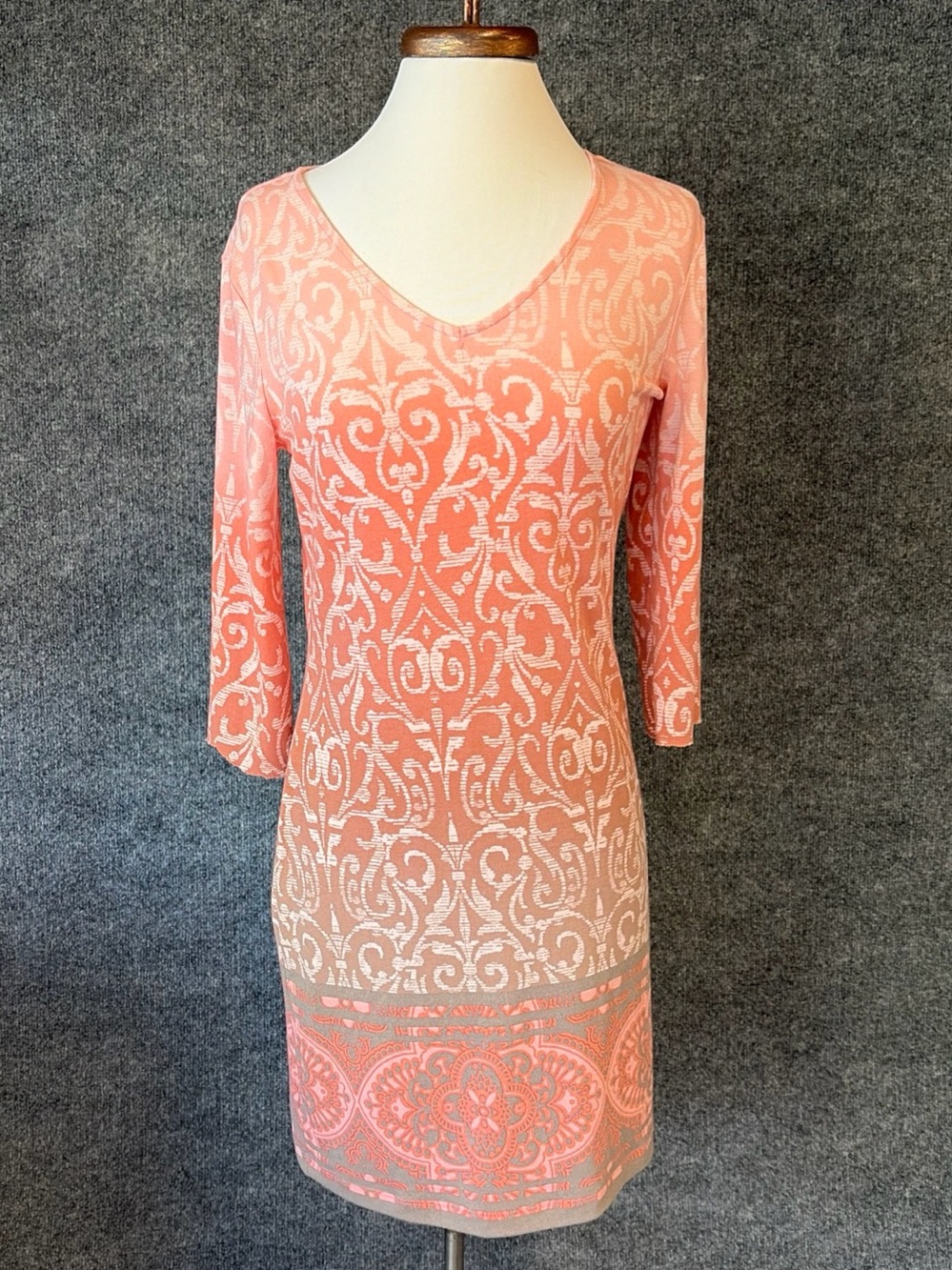 Dakini Scroll Print V-Neck Midi Dress Women S Coral White 3/4 Sleeve Stretch‎